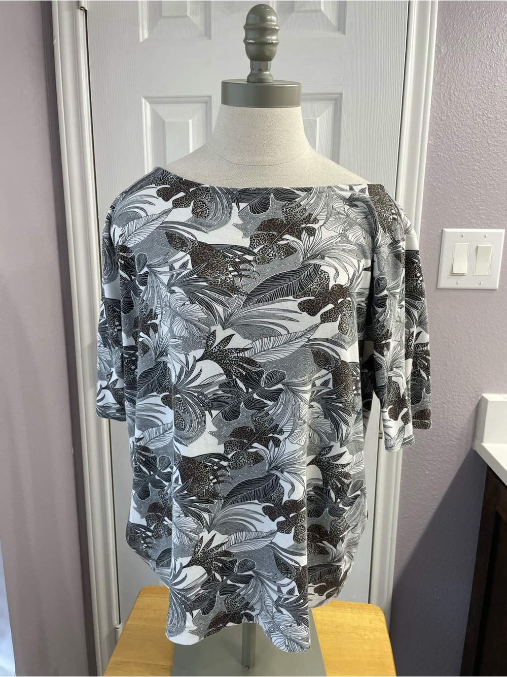 Chico's Black and White Leaf-Print Boatneck Top